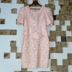Vintage 80s Gunne Sax Womens 9/10 Formal Dress Light Pink Lace Shoulder Pads VTG